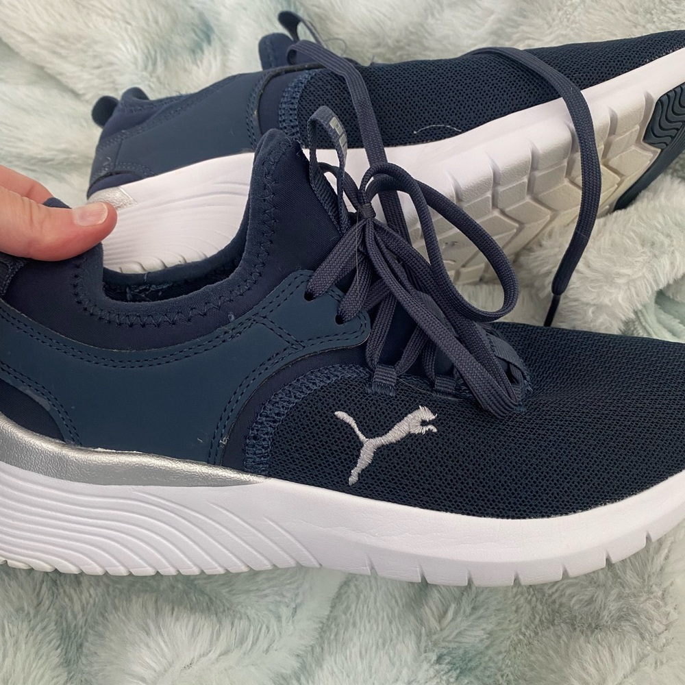 Puma Dark Blue Athletic Shoes with White and Silver Accents